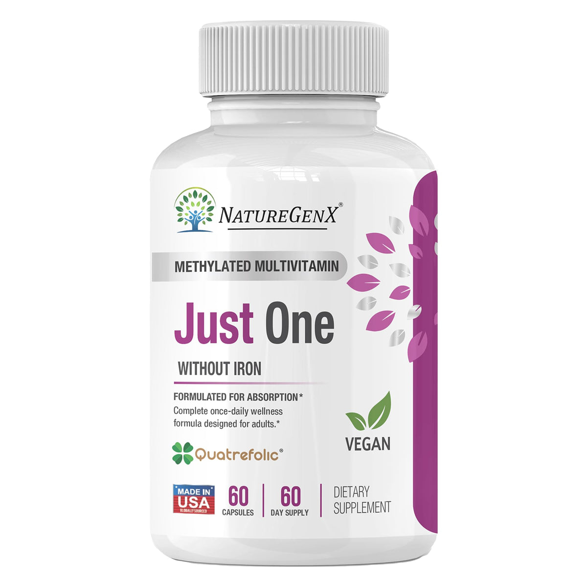 NatureGenX frasco frontal mostrando etiqueta y beneficio metilado