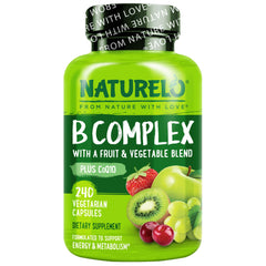 NATURELO frasco frontal del complejo B mostrando etiqueta y beneficios