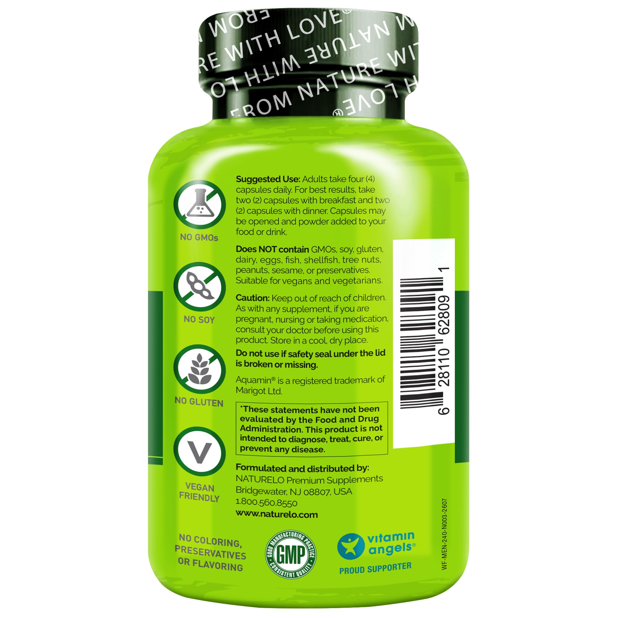 NATURELO cápsula en mano para visualizar tamaño y dosificación segura