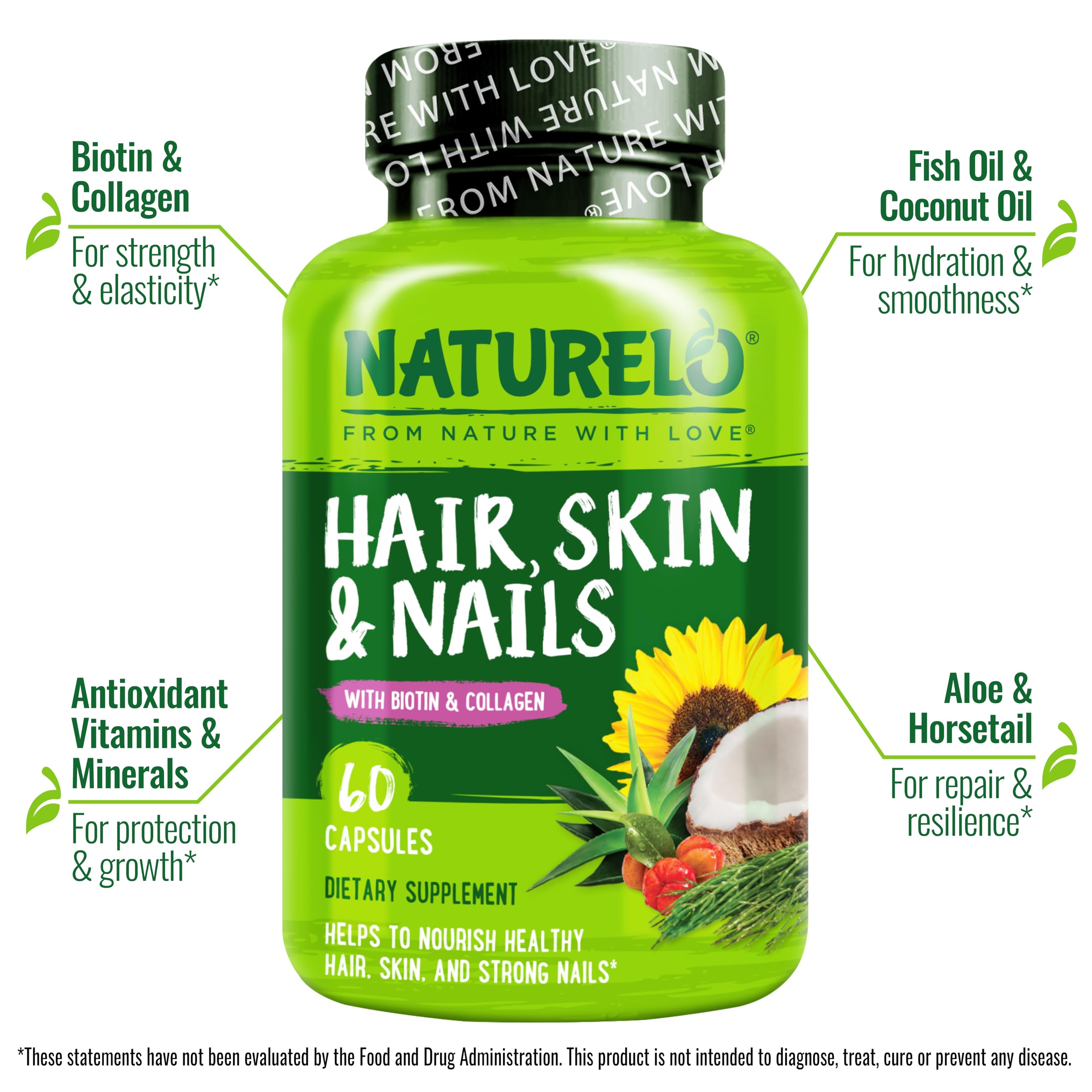 NATURELO etiqueta con lista de ingredientes y beneficios clave