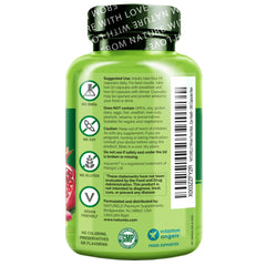 NATURELO etiqueta nutricional destacada mostrando lista de vitaminas y pruebas de calidad