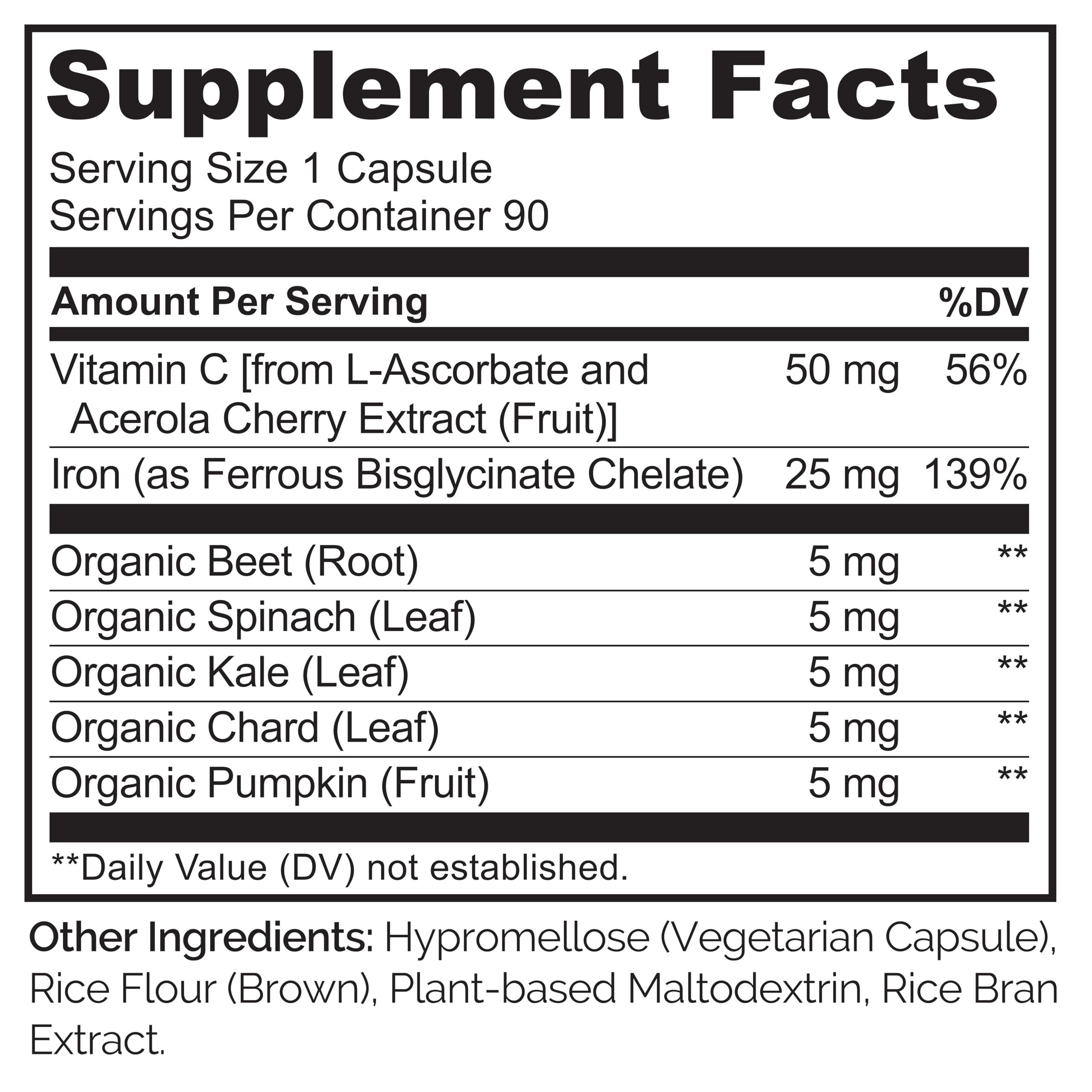 NATURELO etiqueta nutricional destacando hierro biodisponible y vitamina C