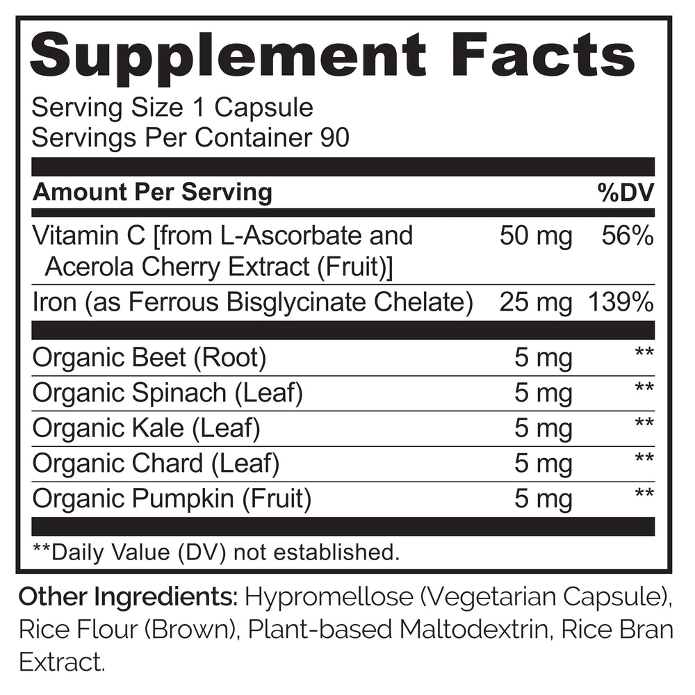 NATURELO etiqueta nutricional destacando hierro biodisponible y vitamina C