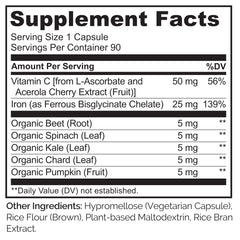 NATURELO etiqueta nutricional destacando hierro biodisponible y vitamina C