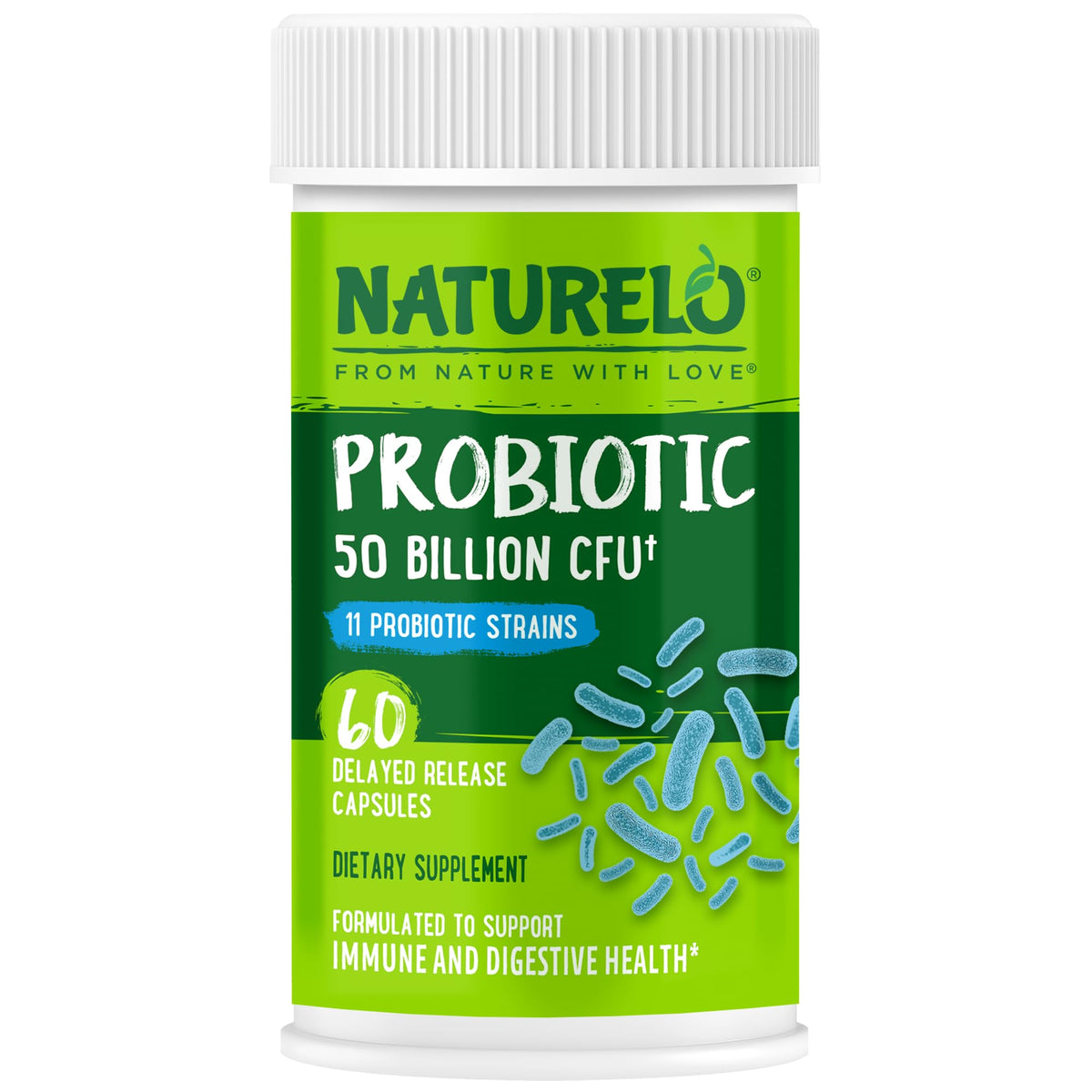 NATURELO frente del empaque mostrando 50 mil millones UFC y 60 cápsulas, conveniencia