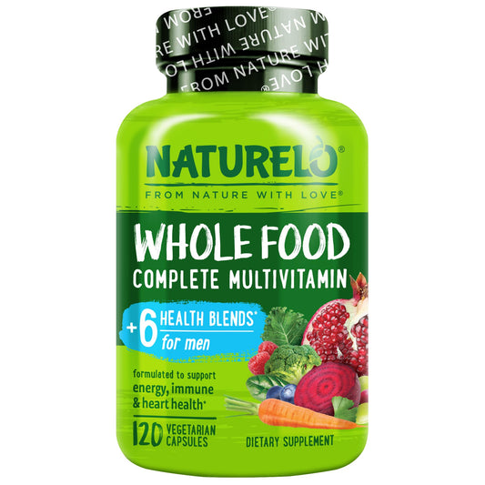 NATURELO frente del envase mostrando 120 cápsulas y ventaja whole food