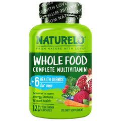 NATURELO frente del envase mostrando 120 cápsulas y ventaja whole food