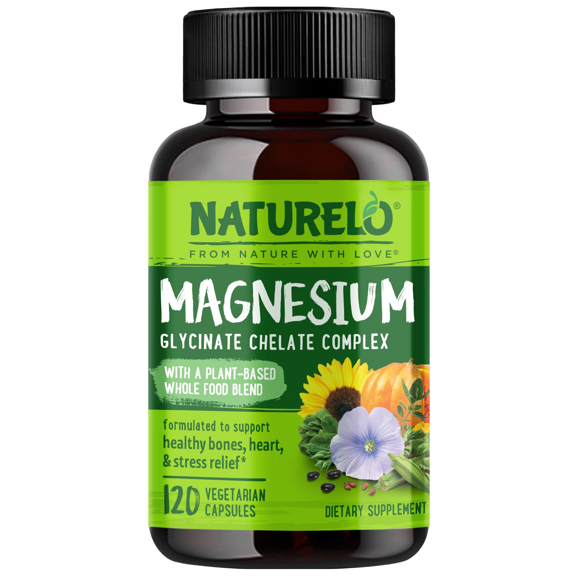 NATURELO envase frontal mostrando magnesio glicinato y beneficio de absorción alta