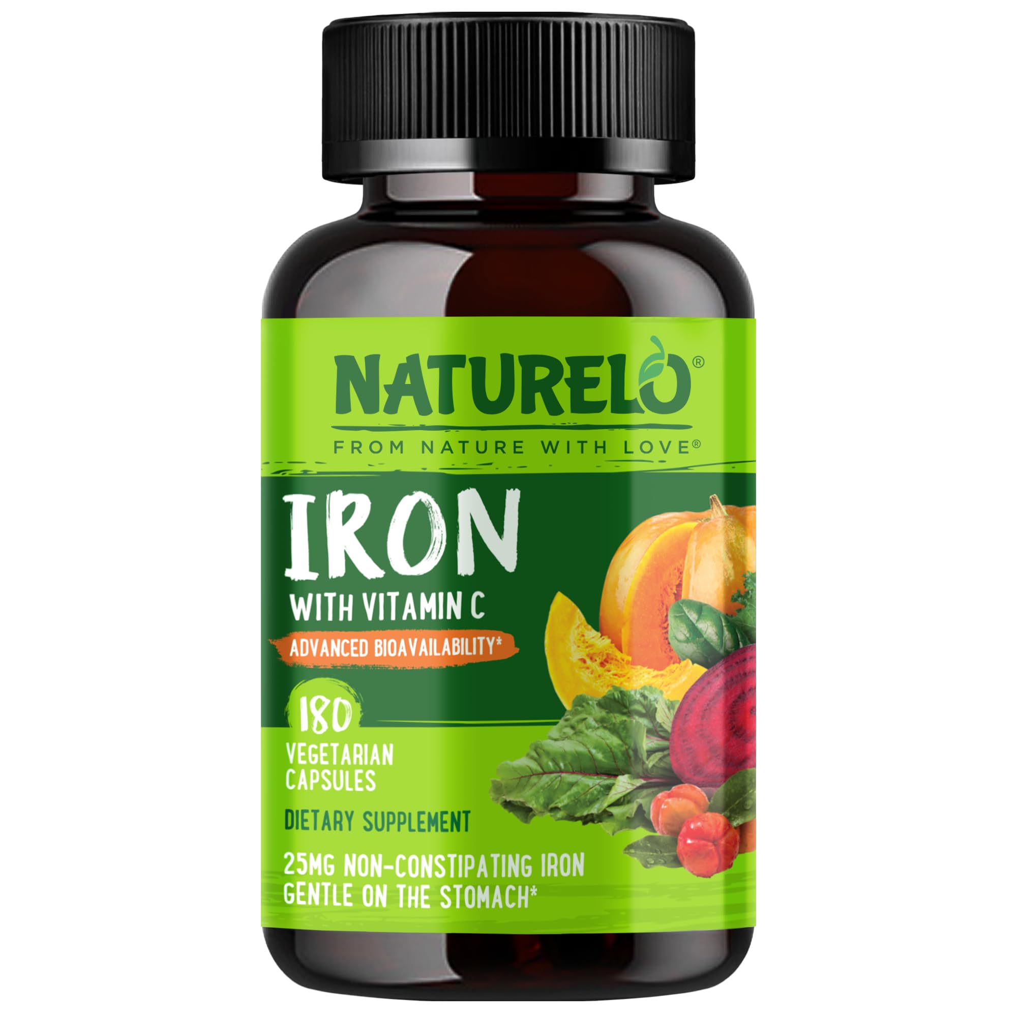 NATURELO envase frontal mostrando 180 cápsulas y beneficio de hierro tolerable