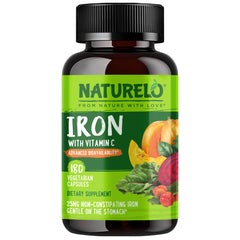 NATURELO envase frontal mostrando 180 cápsulas y beneficio de hierro tolerable