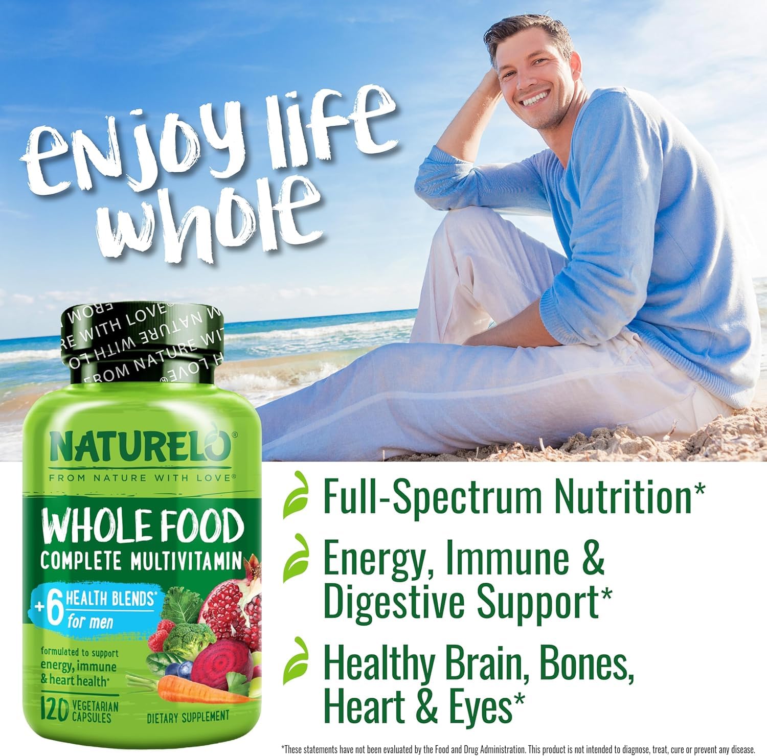 NATURELO hombre activo usando suplemento para energía y bienestar