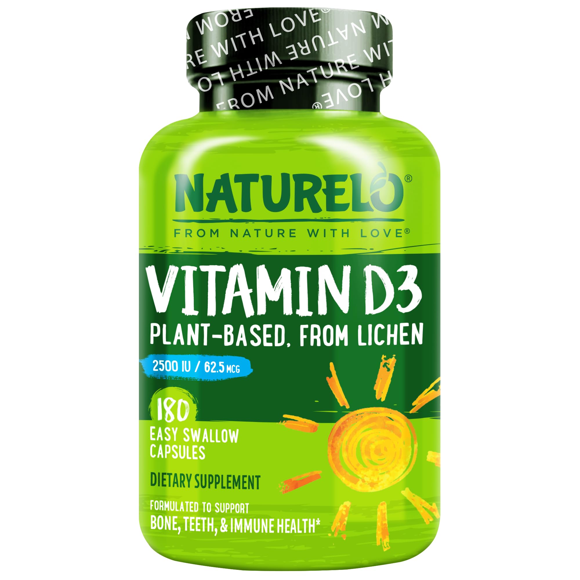 NATURELO envase frontal de Vitamina D3 2500 IU con beneficios claros