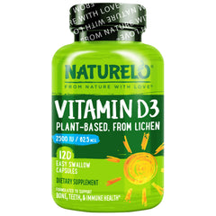 NATURELO frasco frontal que muestra vitamina D3 2500 IU, opción vegana y clara