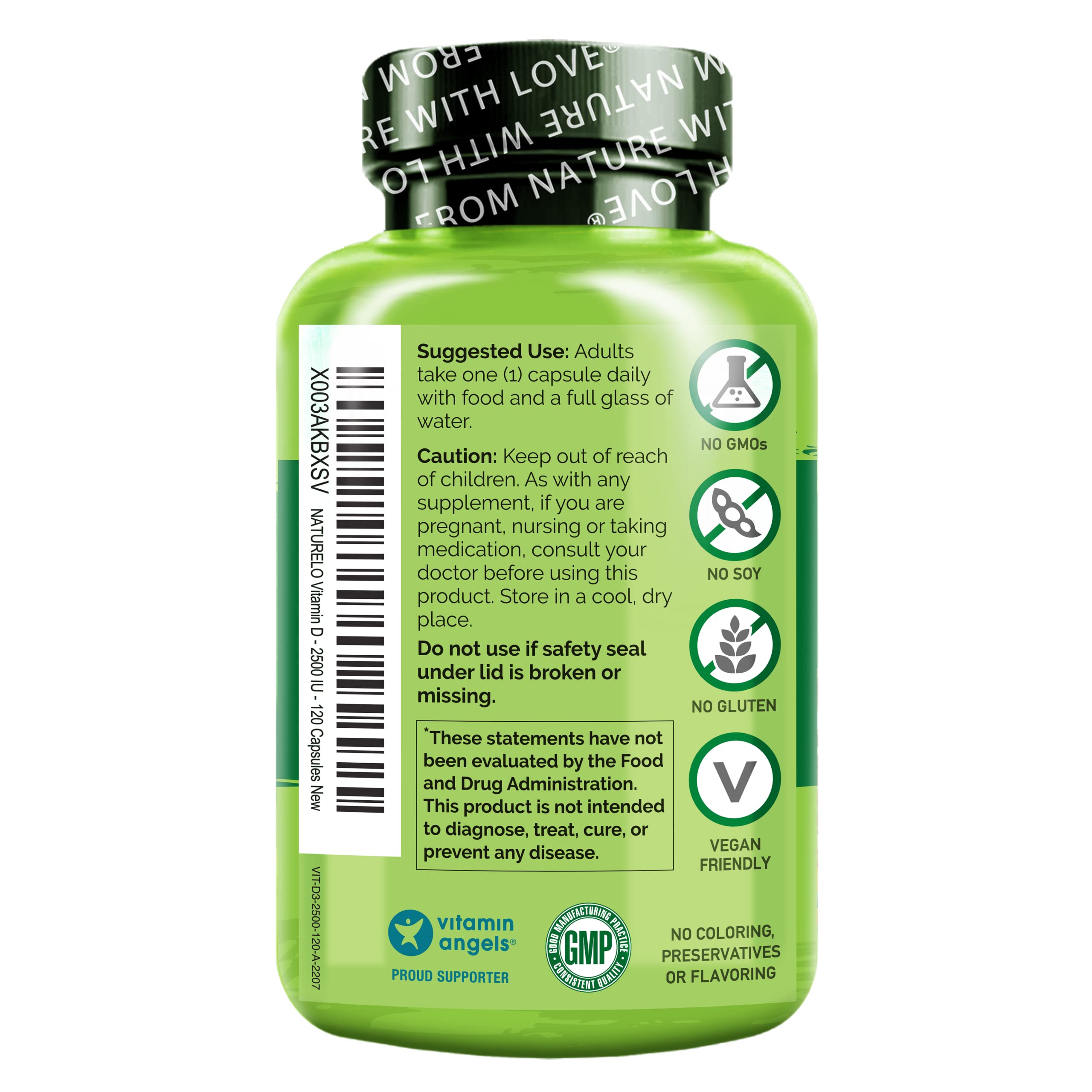 NATURELO sellos GMP y non-GMO que indican control de calidad visible