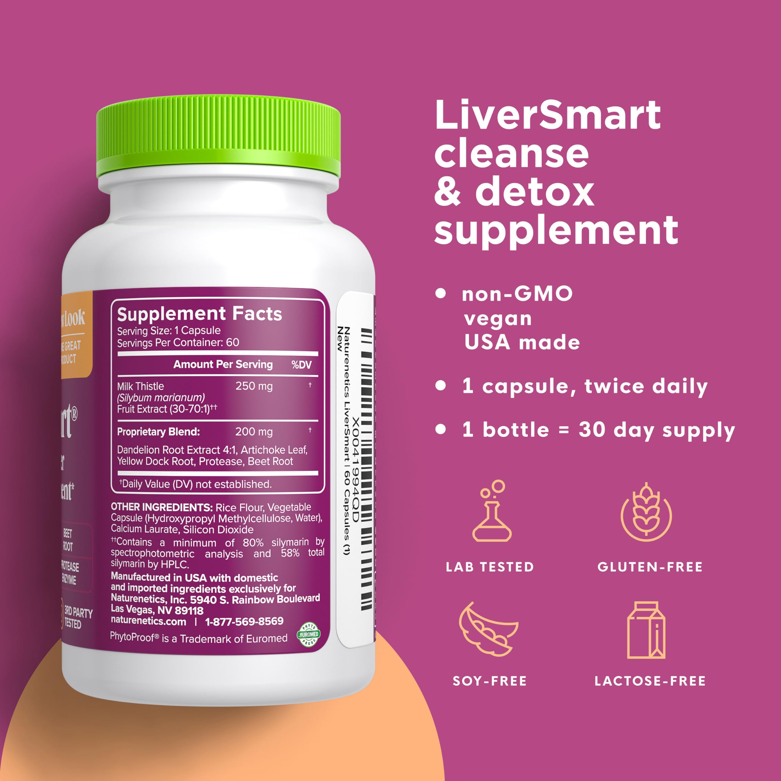 Naturenetics etiqueta con 250 mg y 80% silymarin destacando dosificación verificable