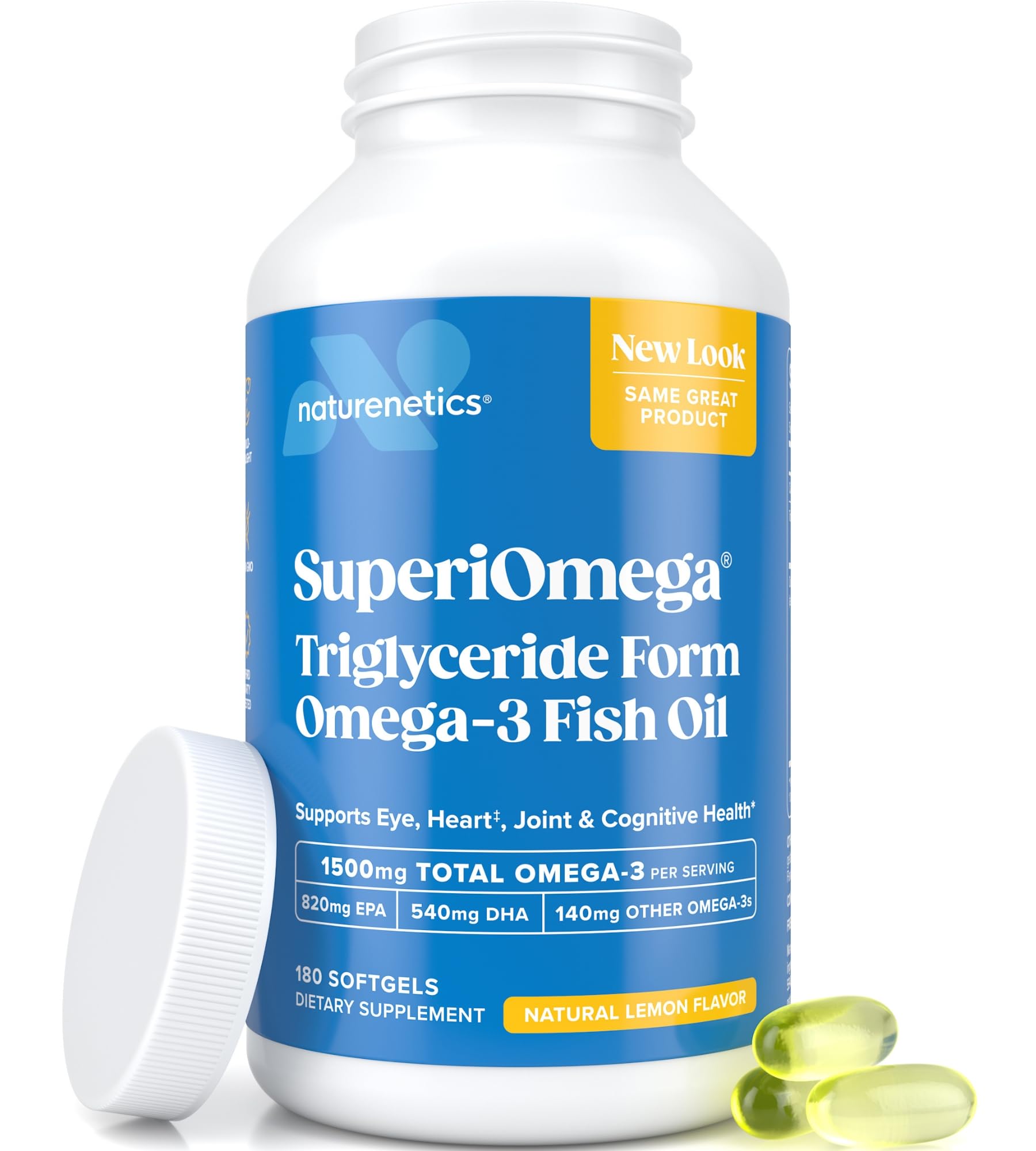 Naturenetics SuperiOmega frente del envase mostrando etiqueta clara y beneficios