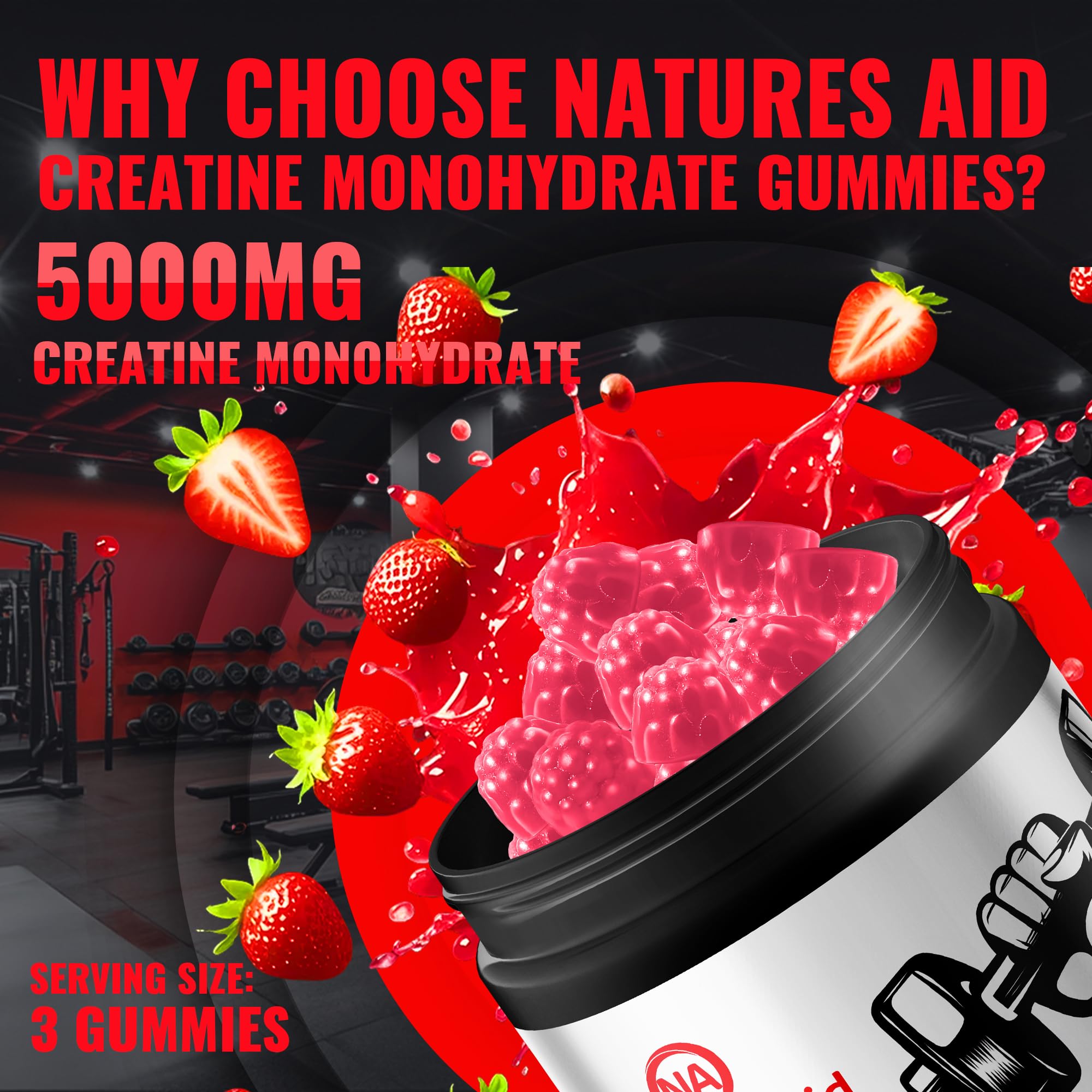 Natures Aid porción en mano ilustrando 3 gomitas igual 5 g creatina