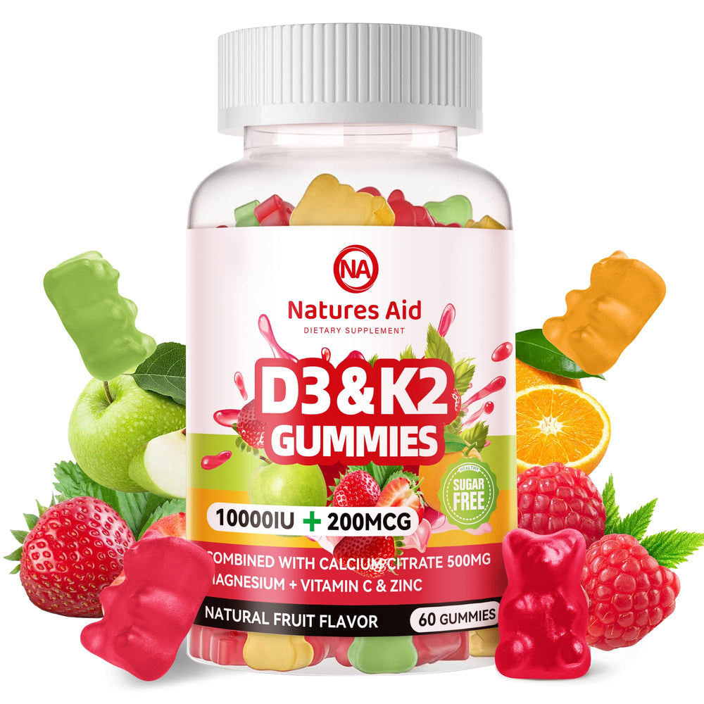Natures Aid frente del envase mostrando 60 gomitas y beneficios