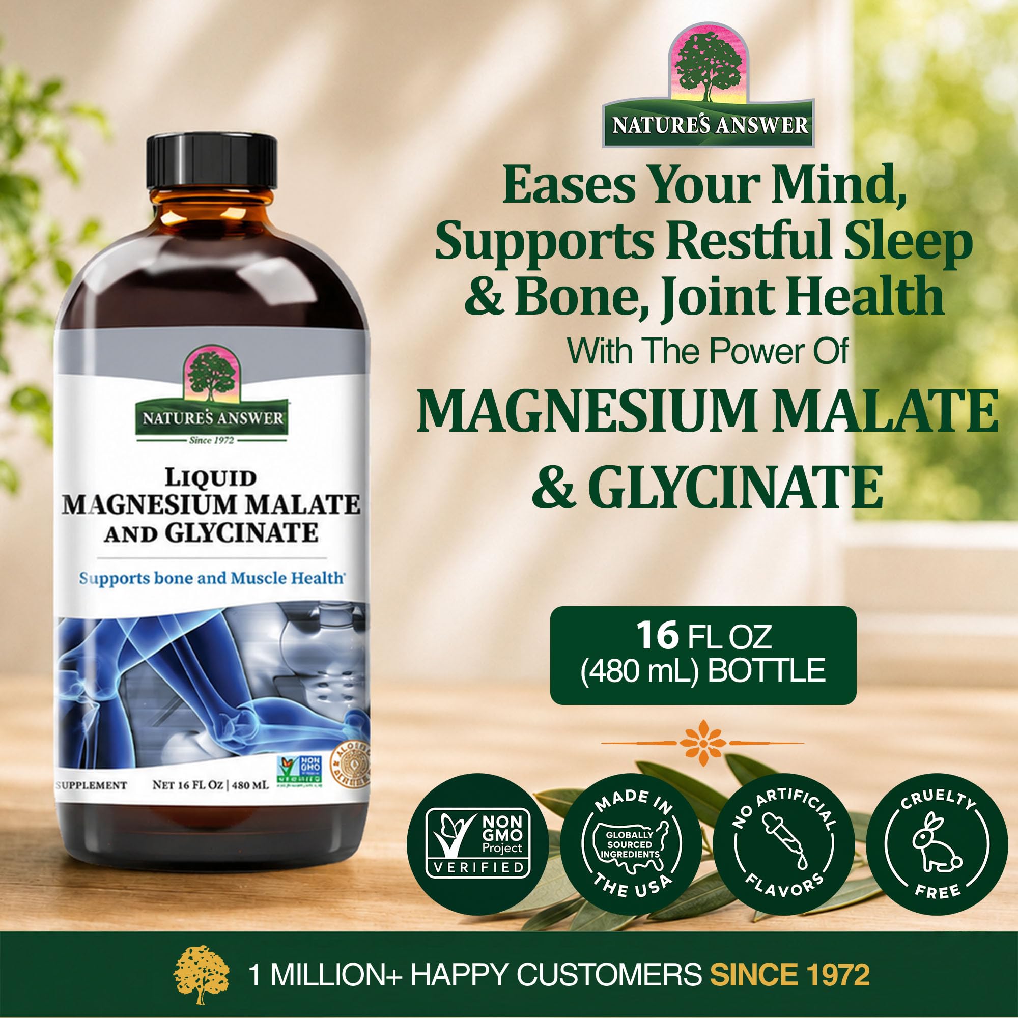 Nature's Answer acercamiento a la etiqueta con ingredientes y formas de magnesio, transparencia informativa