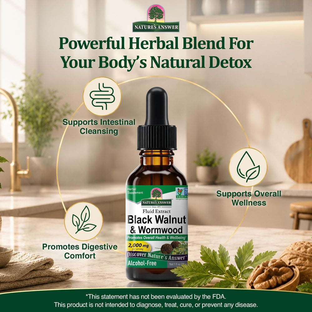 Nature's Answer detalle de la etiqueta con ingredientes y beneficios visibles