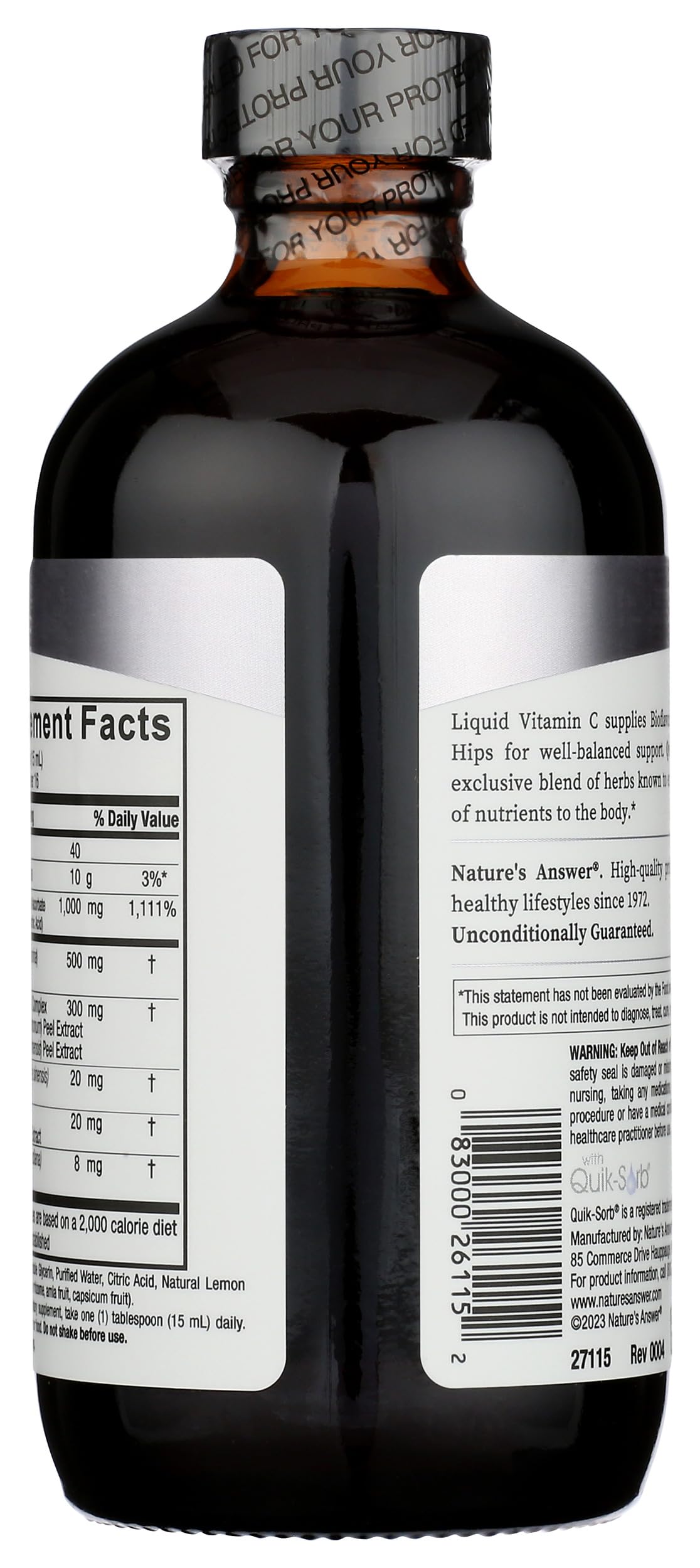 Nature's Answer detalle de la etiqueta que resalta vitamina C 1000 mg y beneficios informativos