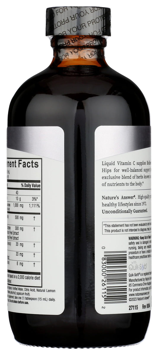 Nature's Answer detalle de la etiqueta que resalta vitamina C 1000 mg y beneficios informativos