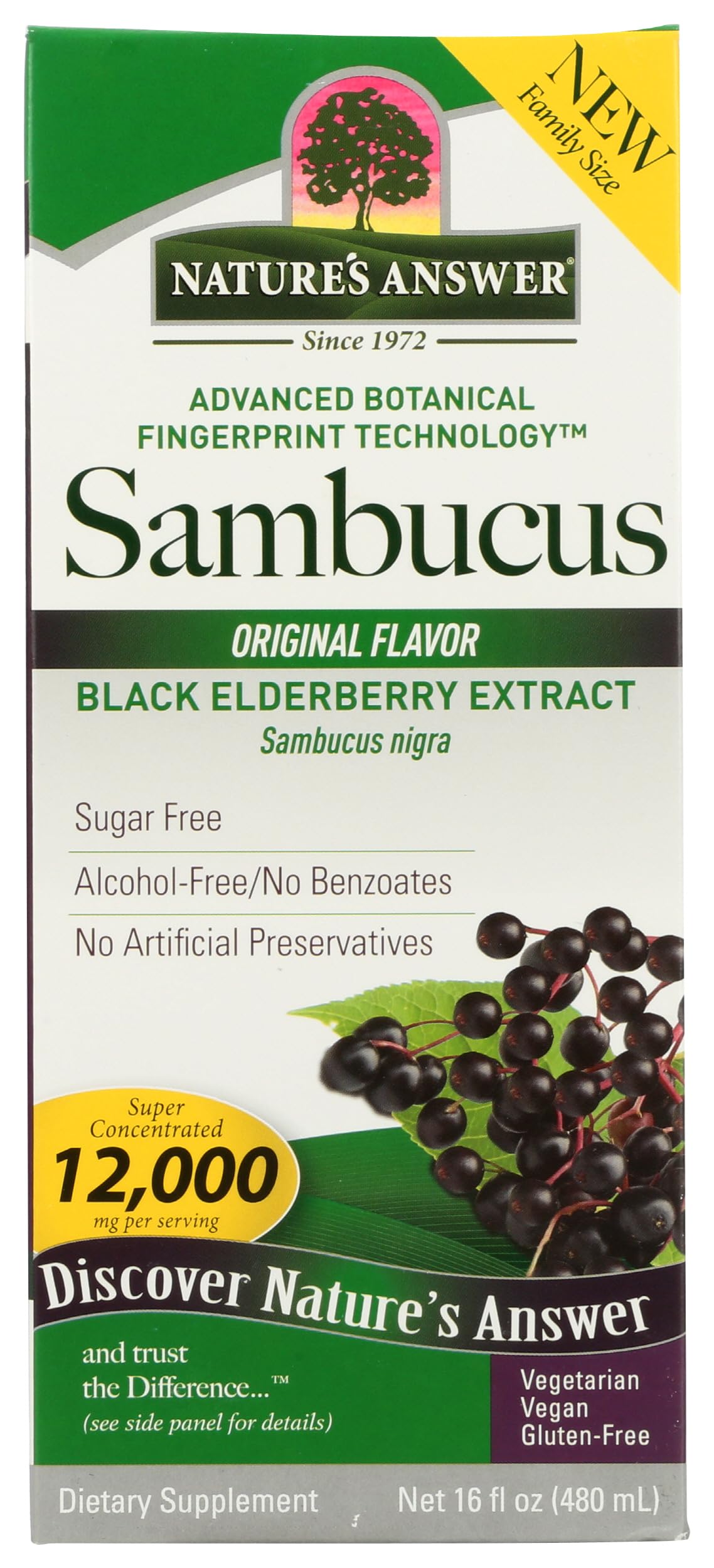 Nature's Answer frente de botella sambucus muestra presentación clara