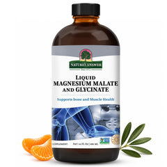 Nature's Answer frasco frontal de magnesio líquido mostrando la marca y volumen, fácil identificación