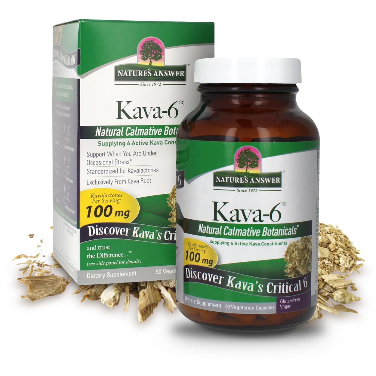 Nature's Answer envase frontal de Kava-6 mostrando 90 cápsulas y beneficios claros