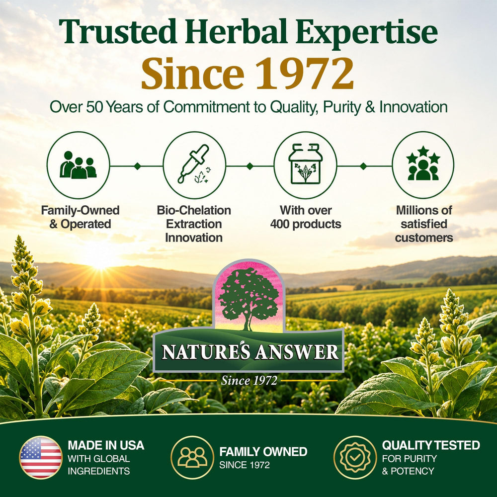 Nature's Answer caja con sellos Kosher y Gluten-Free visibles