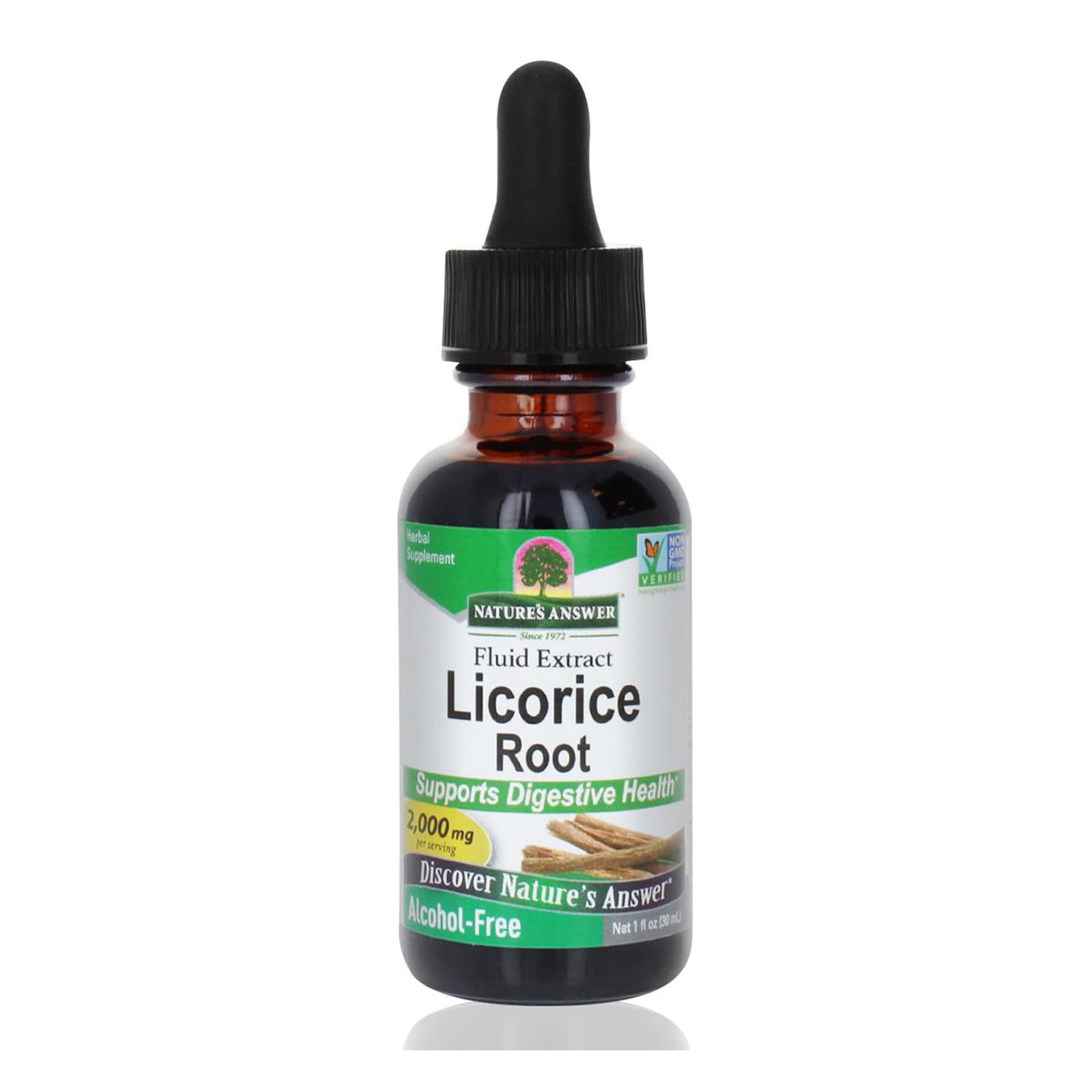 Nature's Answer botella frontal de extracto de raíz de regaliz, formato 1 oz, práctico y concentrado