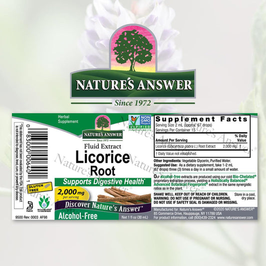 Nature's Answer primer plano del gotero con extracto de regaliz mostrando textura y dosificación precisa