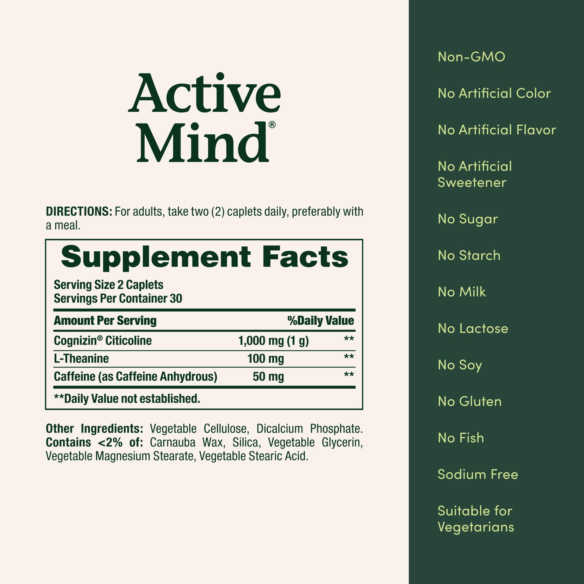 Nature's Bounty Active Mind etiqueta con información nutricional y beneficios