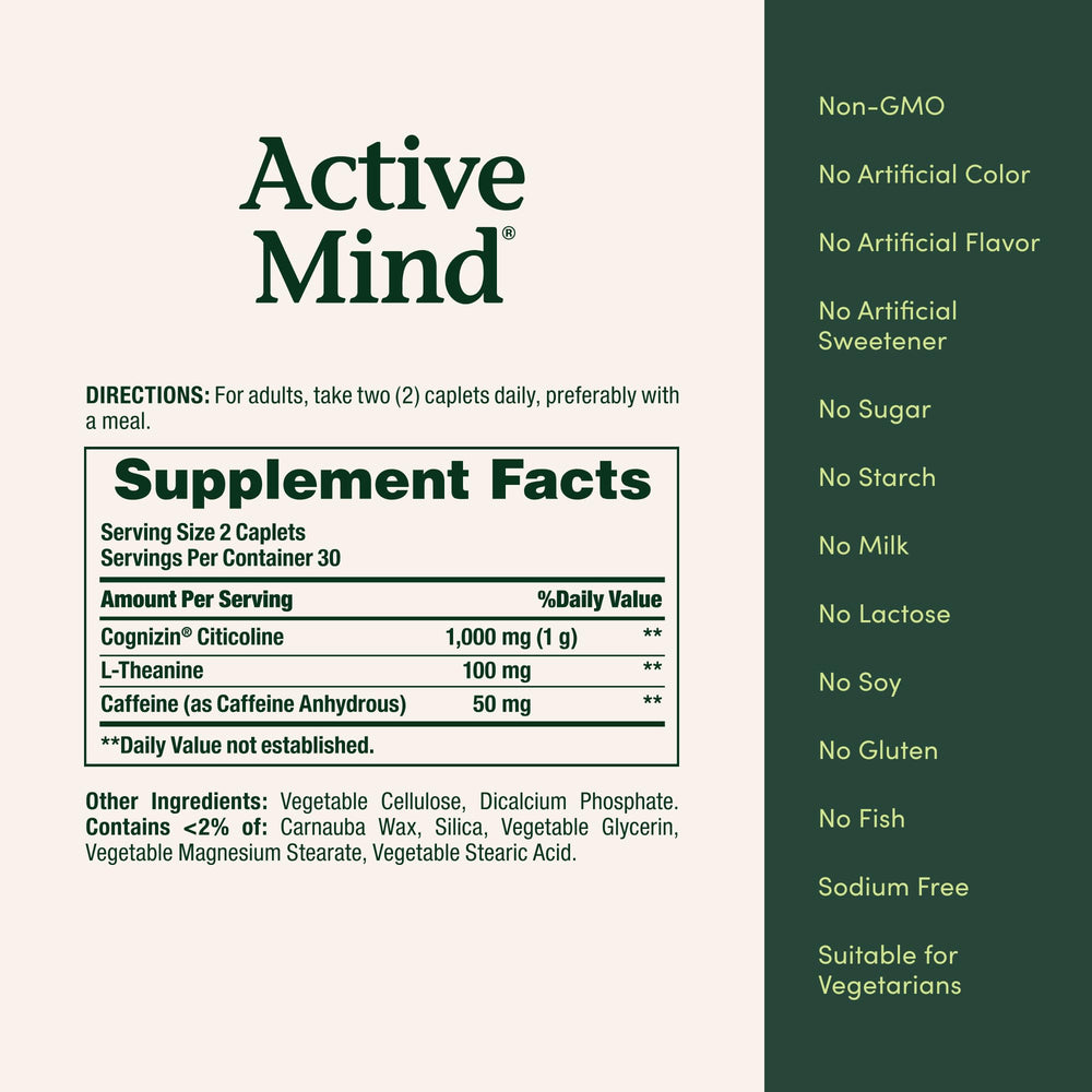 Nature's Bounty Active Mind etiqueta con información nutricional y beneficios