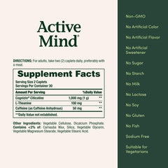 Nature's Bounty Active Mind etiqueta con información nutricional y beneficios