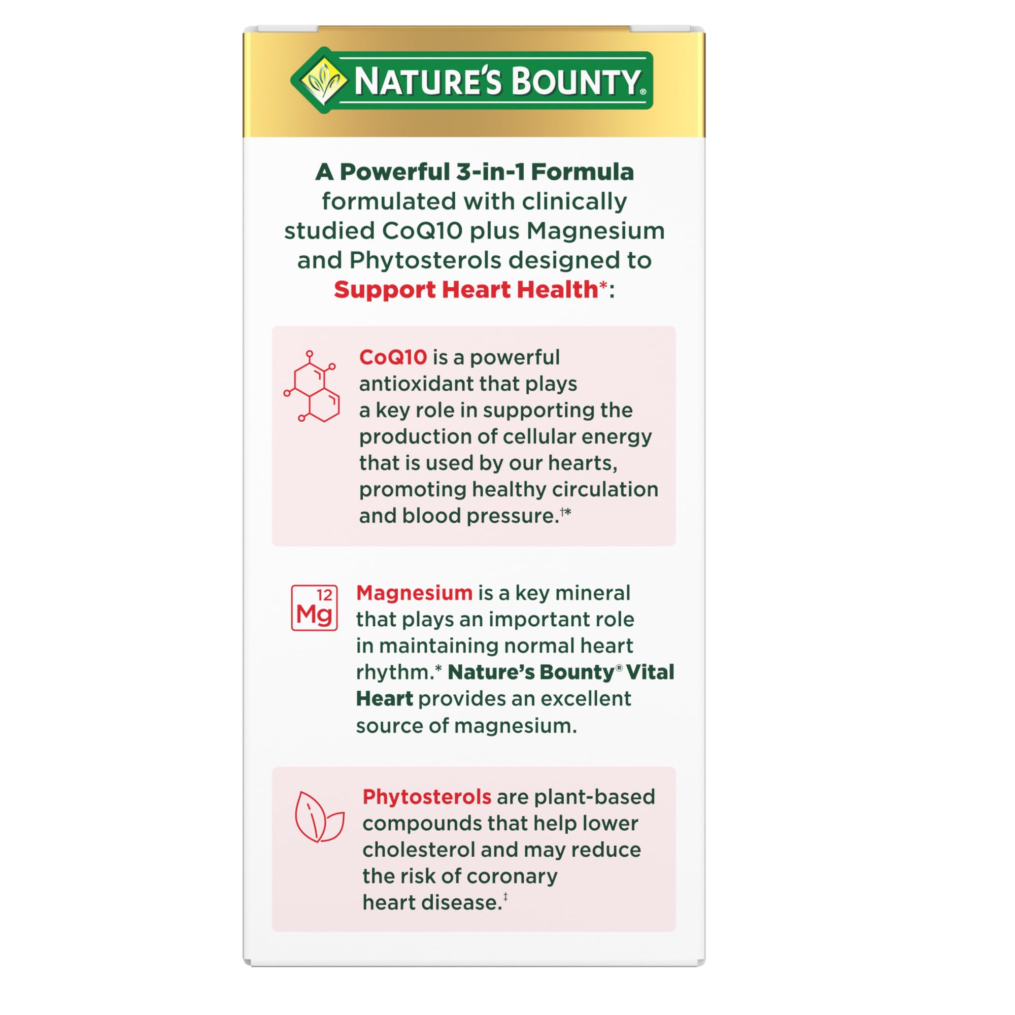 Nature's Bounty ingredientes clave CoQ10 magnesio y fitoesteroles