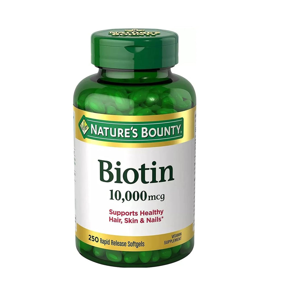 Nature's Bounty frasco frontal mostrando etiqueta clara y beneficio de biotina