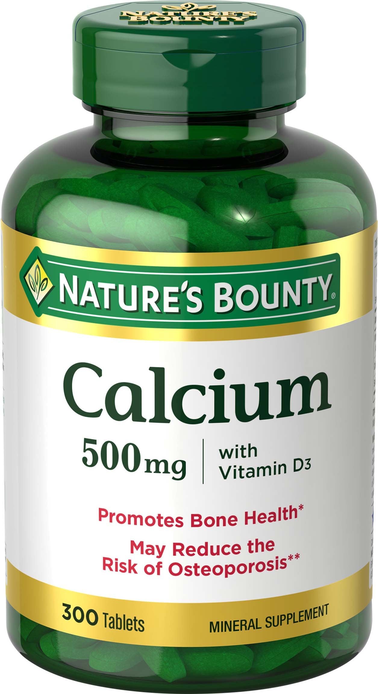 Nature's Bounty botella frontal mostrando calcio y vitamina D3, confianza en calidad