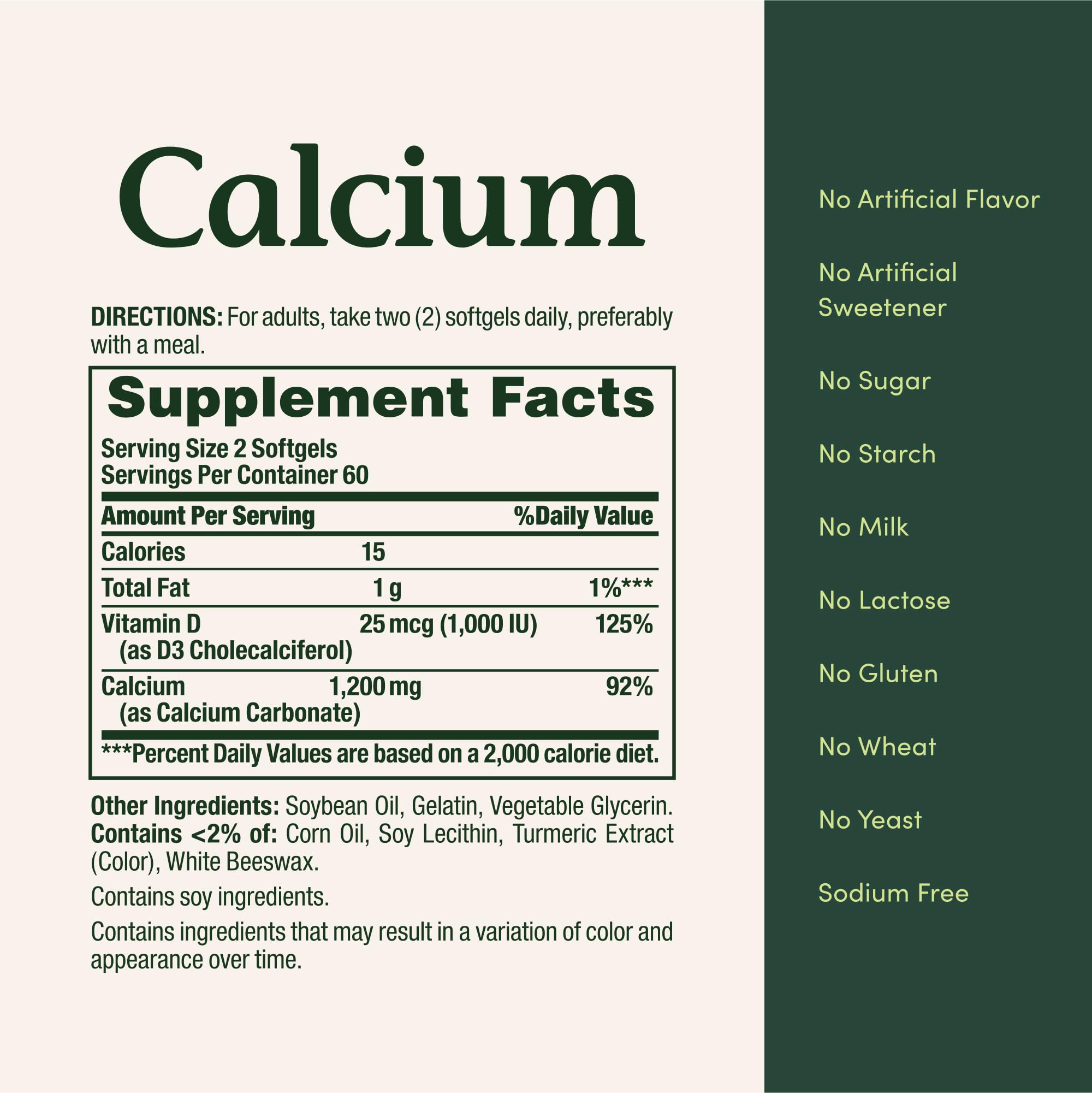 Nature's Bounty etiqueta nutricional enfocada en calcio 1200 mg y vitamina D3