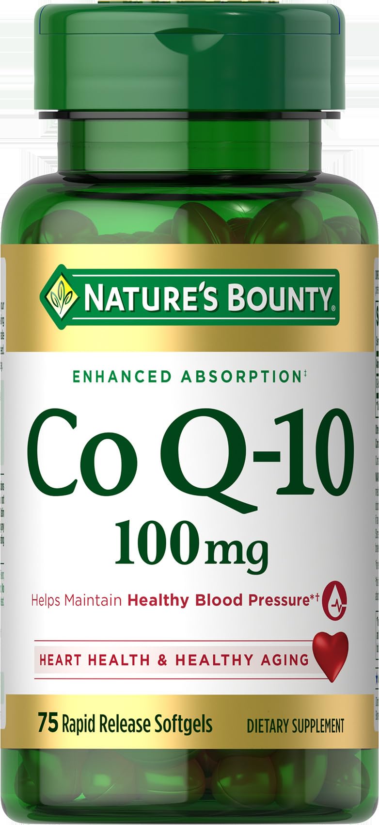 Nature's Bounty envase frontal con CoQ10 100 mg, presenta confianza y pureza
