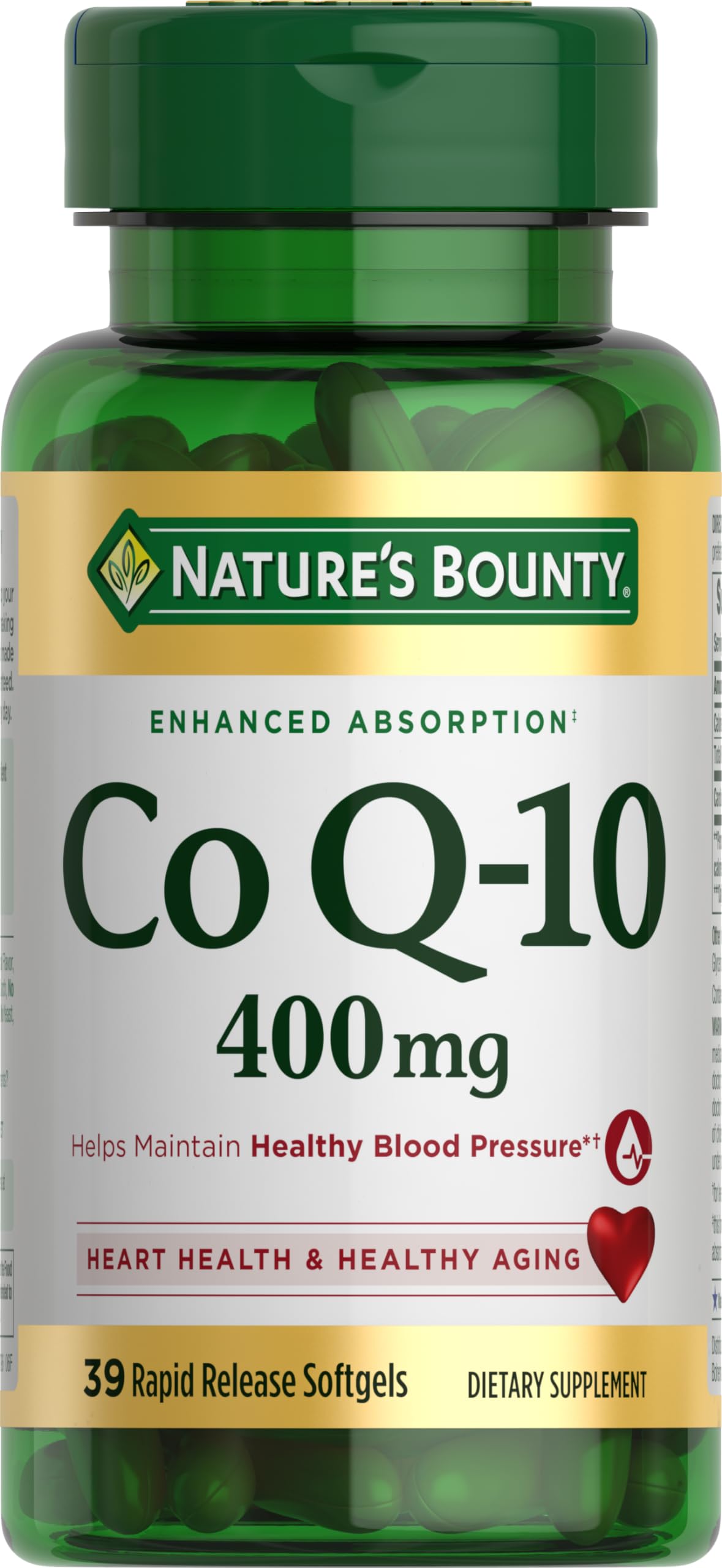 Nature's Bounty botella frontal del envase que muestra CoQ‑10 400 mg y 39 softgels, claridad y confianza