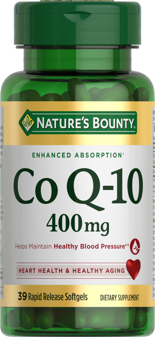 Nature's Bounty botella frontal del envase que muestra CoQ‑10 400 mg y 39 softgels, claridad y confianza