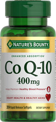 Nature's Bounty botella frontal del envase que muestra CoQ‑10 400 mg y 39 softgels, claridad y confianza