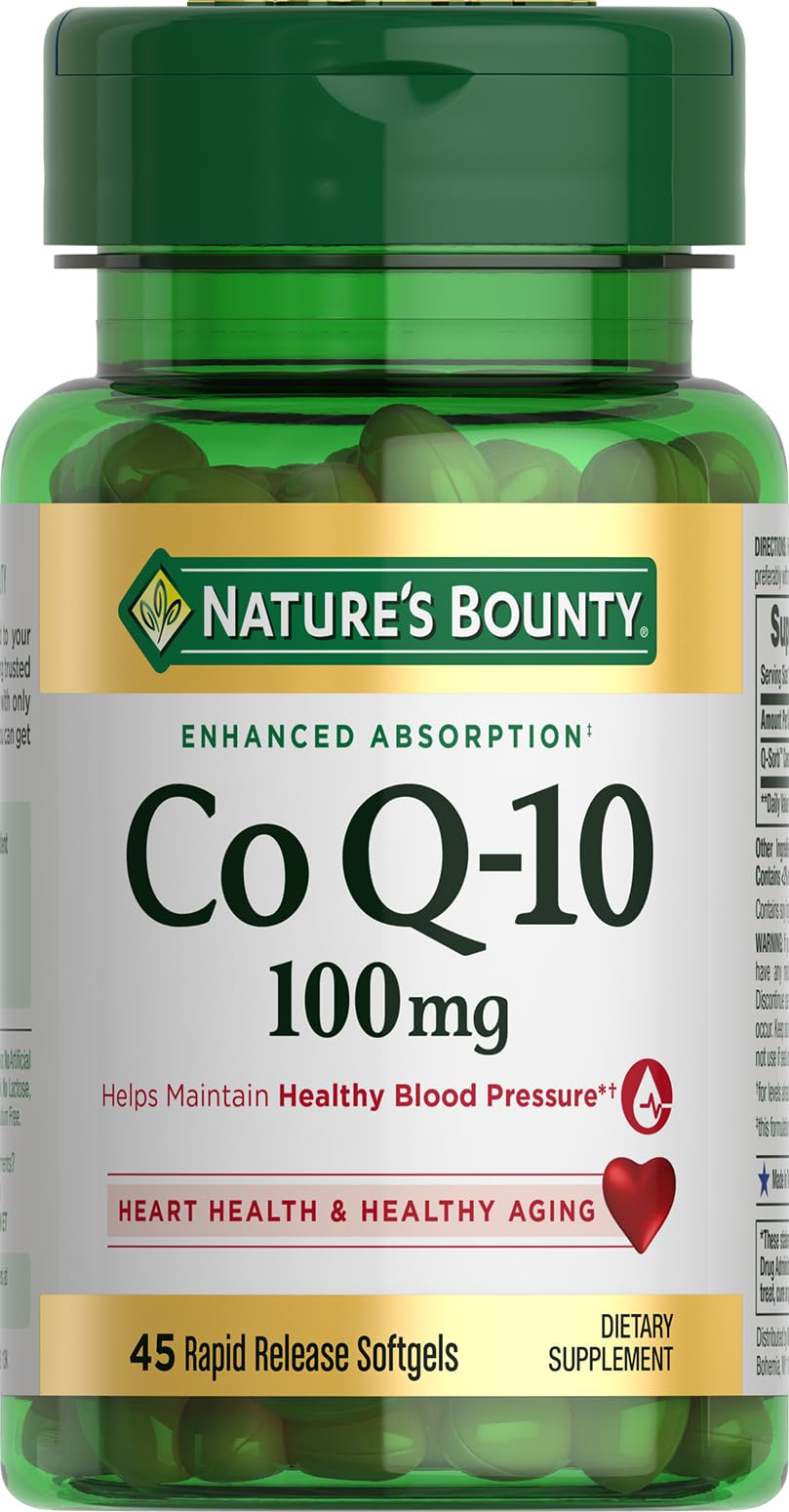 Nature's Bounty envase frontal de CoQ10 100 mg mostrando formato 45 cápsulas y confianza