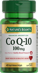Nature's Bounty envase frontal de CoQ10 100 mg mostrando formato 45 cápsulas y confianza
