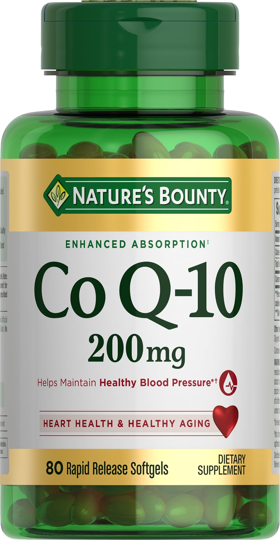 Nature's Bounty frasco frontal mostrando CoQ10 200 mg y beneficio de confianza