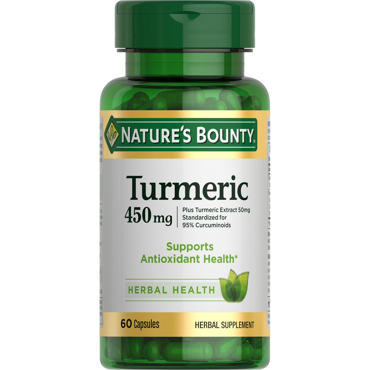 Nature's Bounty envase frontal de cúrcuma 60 cápsulas, práctico para suplementación diaria