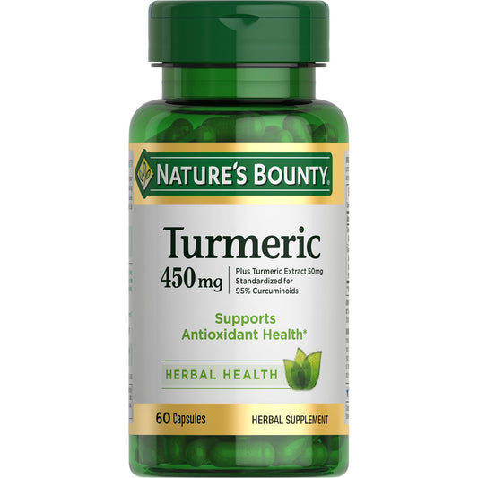 Nature's Bounty envase frontal de cúrcuma 60 cápsulas, práctico para suplementación diaria