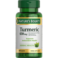 Nature's Bounty envase frontal de cúrcuma 60 cápsulas, práctico para suplementación diaria