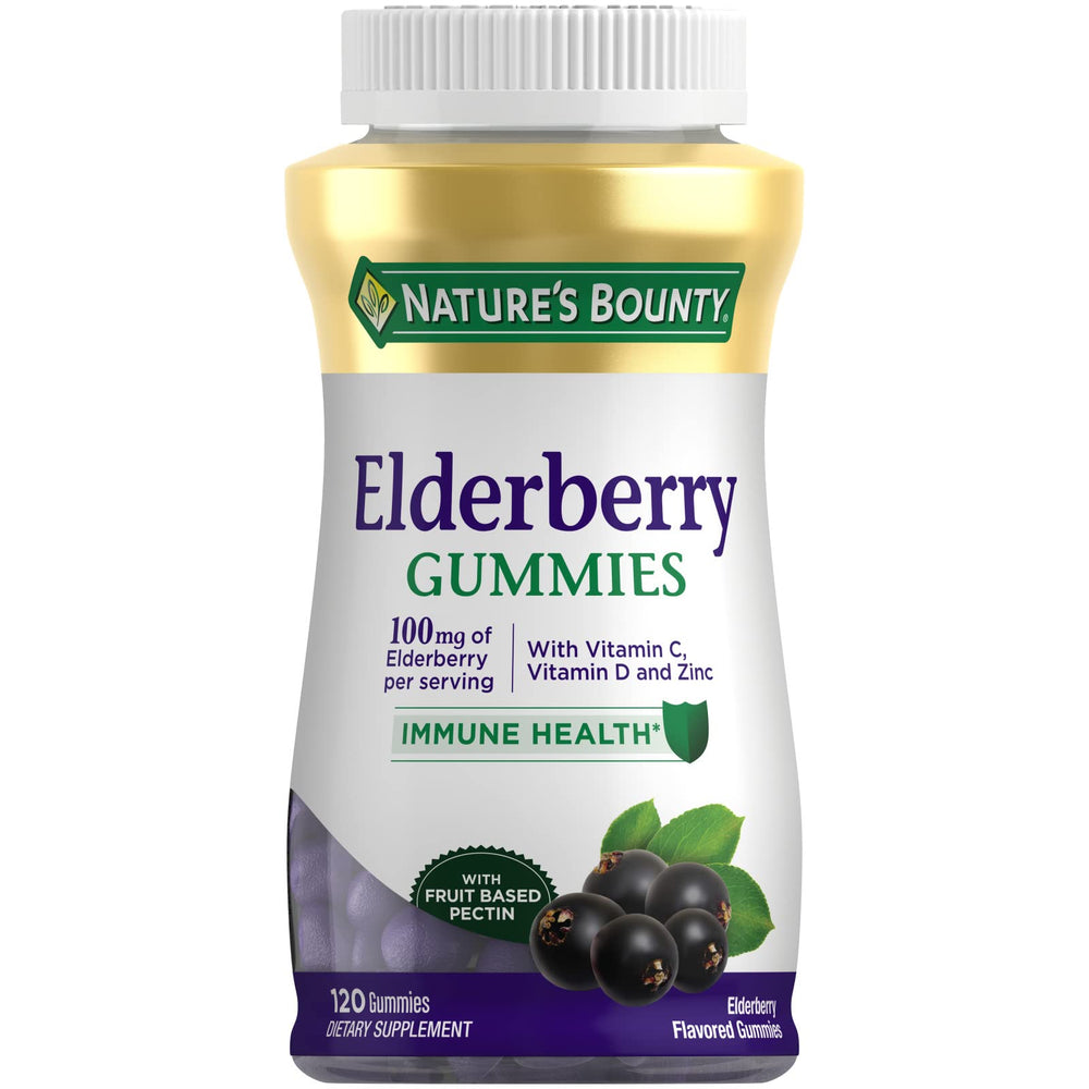 Nature's Bounty frasco frontal de gomitas con etiqueta visible y beneficios